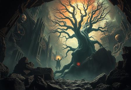 A universe inside a universe within mysteriously unknowable known in an unfathomable realm of fantastic creation inhabited by ancient shadows of a forgotten time beyond the gate of the gateless gate where life is limitless, light is shadow and shadow is light, eerie sense, horror, spark of the beginning, existence and nonexistence at once, ethereal, behold the end of the beginning, inglorious glory to the dark one, betrayal of the ancient order, beware the 7headed beast, destroyer of the old ways, bearer of the unbearable, nightmarish, archaic runes, tree aging backwards, breath of the gods, ruins of a place unimagined, extreme intricate detail, photorealistic, beyond epic scene, fate discarded, unseeable face of god, the end is the beginning, the beginning is the end, man arises as god dies, as above so below, as below so above, emerald tablet, thoth, guardian and saboteur of existence, hopeless hope, ghosts of the unborn, conception of the inconceivable, cosmic well of imperceptible perception, evil aura, infinite emptiness, pillars of void, overwhelming subtlety, abstract sacred geometry, beams of readiness without intention, gift of doom, despair of the ages, hidden secret warnings from dead gods, carved by the conductor of unholy loneliness of time incarnate, consumed by the night itself, beautiful tragedy of hellish discovery, unraveling mist of unreal reality, philosophers stone, proclaim the nameless name of collapsed eternity, infernal maleficium, the great whore