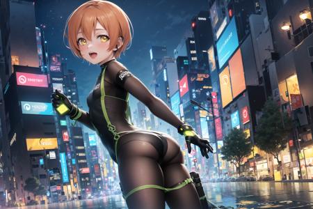 ((masterpiece,best quality)), (cyberpunk:1.2), 1girl, ((solo)),((extremely detailed CG unity 8k wallpaper)),((bodysuit)), (hoshizora rin:1.5),((small breasts)), short hair, detailed background,  yellow eyes, orange hair, ((nsfw)),cyberpunk city, neon lights, LED, colorful, (outdoors:1.2), looking back, ass,  fantasy, cityscape, ((illustration)),digital art, digital illustration, 4k, trending on artstation, trending on cgsociety, cinematic, agfacolor,(Lighting headphones), ((depth of field)),water, ((night)), reflection, puddle, <lora:hoshizorarin2:0.5>