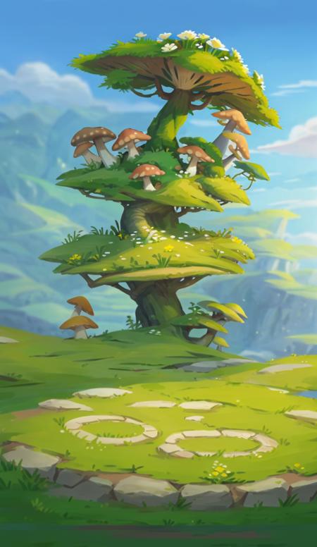 dipan,outdoors, no humans, grass, scenery, tree, plant, flower, day, sky, mushroomï¼center composition<lora:game dipan_20231028105647:0.78>, (illustration:1.0), masterpiece, best quality,