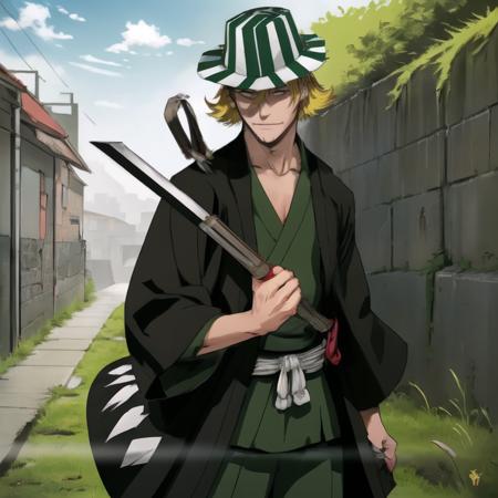 sword, (benihime_sword), red string, outdoors, japanese city, holding weapon, masterpiece, smirk, male focus, (fondling fan), best quality, yellow hair, 1boy, solo, default_urahara, urahara_kisuke, standing, solo, hat, green headwear, stubble, striped headwear <lora:kisukeLora-10:0.8>