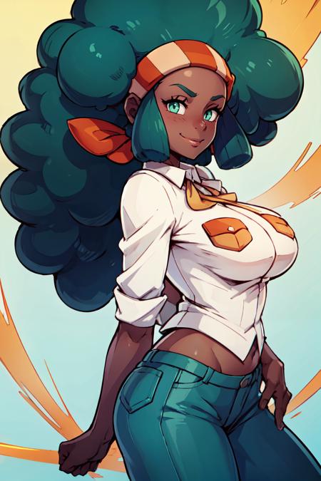 zzLenora, green eyes, green hair, afro, big hair, dark skin, large breasts, hairband,  zzLenora, green eyes, green hair, afro, big hair, dark skin, large breasts, hairband,  white shirt, blue pants, 