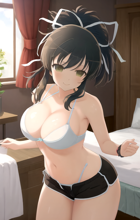 masterpiece, best quality,
asuka_sk, 1girl, short hair, ponytail, large breasts, wide hips, hair ribbon, white ribbon, red bikini top, red bra, black shorts, short shorts, black boyshorts, closed mouth, smile, happy, cowboy shot, front view, bedroom setting, ultra-detailed, extremely detailed, anime, senran kagura, 8k <lora:Asuka_SK_1_1-10:0.9:OUTD>