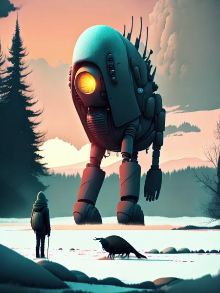 <lora:AlexAndreev:1>An unknown animal in a snow landscape. By Simon Stalenhag.