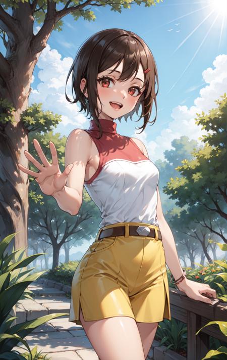 HikariDef short hair, brown eyes, red eyes, brown hair, hair ornament, hairclip shirt, bare shoulders, elbow gloves, gloves, skirt, jewelry, sleeveless, belt, turtleneck, yellow skirt, whistle, whistle around neck, fingerless gloves