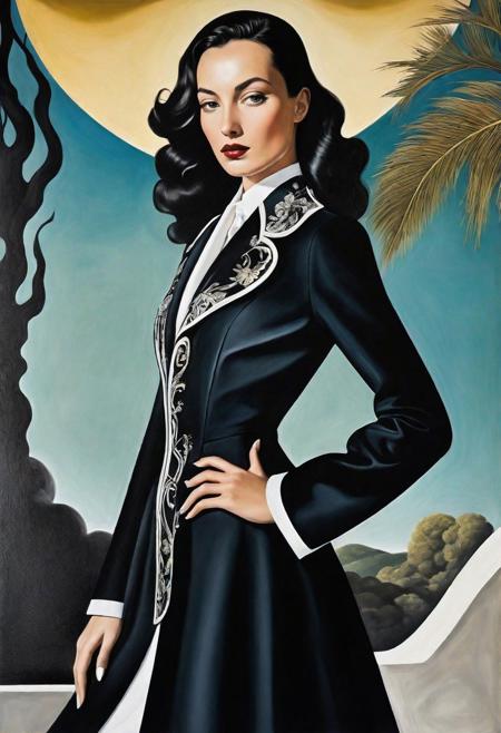 high quality, highly detailed, painting involves blending classical elegance with a contemporary twist, The focal point is an enigmatic figure inspired by film noir protagonists, positioned against a backdrop of nature and urban sophistication, Employing chiaroscuro techniques akin to Caravaggio, the play of light and shadow adds mystery and intimacy, The attire combines classical and modern fashion, with intricate details reflecting haute couture craftsmanship, Surreal elements drawn from Salvador Dal's style create a dreamscape around the figure, The color palette harmonizes rich tones and pastels, awesome full color,