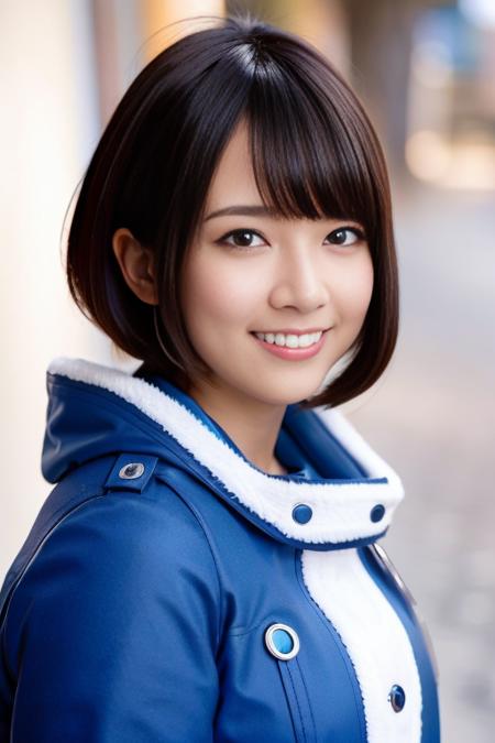 best quality, photorealistic, 8k, high res, perfect lighting, gorgeous, masterpiece, realistic, closeup portrait,
1girl, piercing eyes, wearing a blue parka, medium breasts, bob cut, looking at viewer, <lora:nanamin_30:0.9>, kind smile, outdoors, in a city,