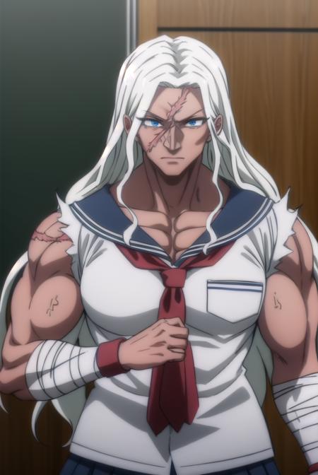 sakuraoogami, <lora:sakura oogami s1-lora-nochekaiser:1>,
sakura oogami, long hair, white hair, dark skin, dark-skinned female, muscular, scar, muscular female,
BREAK shirt, school uniform, serafuku, sailor collar, bandages, blue sailor collar, bandaged arm,
BREAK indoors, classroom,
BREAK looking at viewer, (cowboy shot:1.5),
BREAK <lyco:GoodHands-beta2:1>, (masterpiece:1.2), best quality, high resolution, unity 8k wallpaper, (illustration:0.8), (beautiful detailed eyes:1.6), extremely detailed face, perfect lighting, extremely detailed CG, (perfect hands, perfect anatomy),