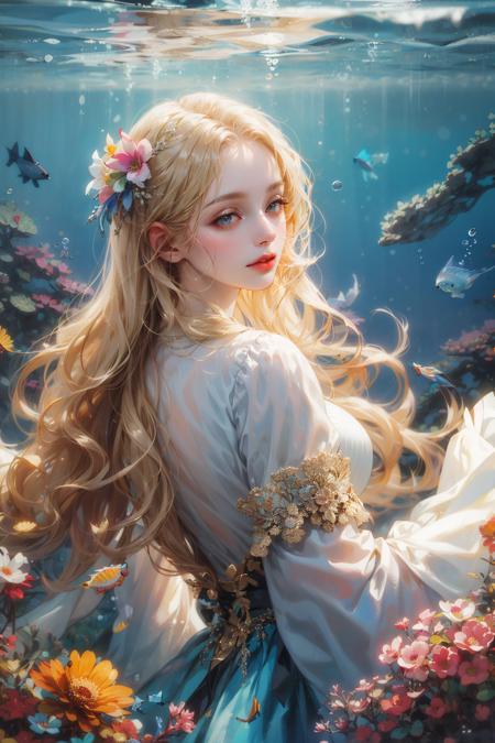 (absurdres, highres, ultra detailed), 1girl, solo, mature, (long blonde hair), fanasy, long sleeve, elegant, holy, colorful, highest detailed, underwater, floating hair, flower, looking back, upper body