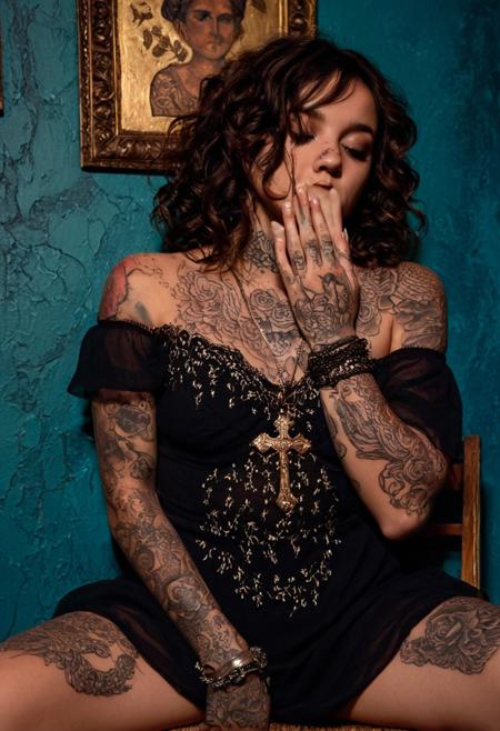 The image is a high-resolution photograph of a young woman with a light to medium skin tone and curly, dark brown hair styled in loose, voluminous waves. She is seated on a chair with her legs spread wide, positioned against a textured, teal-blue wall adorned with two framed, gold-leafed artworks. One of the framed artworks shows a detailed, stylized portrait, and the other is a more abstract piece. The woman is wearing a sheer, black, off-the-shoulder dress with intricate lace detailing, which drapes loosely around her body, revealing her arms and upper chest.
Her arms are heavily tattooed with intricate designs, including a prominent tattoo of a rose on her left arm. She is covering her face with her hands, obscuring her features, adding an air of mystery. She wears several layers of layered, delicate necklaces and bracelets, including a prominent, ornate cross necklace and a chunky, silver bracelet. The lighting is dramatic, casting soft shadows and highlights that accentuate the textures and contours of her skin and the intricate patterns on her dress and tattoos. The background's textured wall and the wooden chair with ornate, wrought iron detailing provide a rich, artistic ambiance. The overall mood is a blend of edgy, artistic, and slightly melancholic.