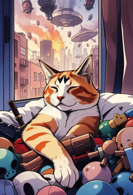 Paint a serene yet dynamic watercolor scene in the Flux art style, where a sleeping cat is *fully nestled within a pile of pet toys*. The cat’s body, rendered in soft, car color orange, brown, white with a black M in his forehead, in a soft pillow near to a building window, inside an apartment, outside a city in chaos, alien invasion, cars in fire,
running away from the aliens, aliens abductions, UFO