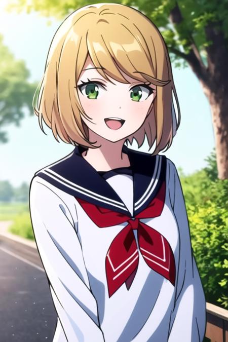 masterpiece, best quality, <lora:magahara_desumi:0.7> magahara_desumi, 1girl, solo, green eyes, blonde hair, short hair, smile, open mouth, looking at viewer,  white serafuku, sailor collar, red neckerchief, long sleeves,