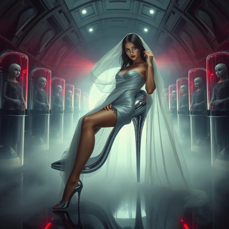 tall slender elegant slavic femme fatal swaddled with silk veils in giant high heel foil shoe ,  under dimension portal to another galaxy , dressed in sexy glossy satin side slit 1920s nightgown ,  pefect legs in lace trim stockings and d'orsay high heels, small feets, alien spaceship chamber, surrounded by beauty models encased in  hi-tech stasis tubes at background,  fog, mirrors, hi-tech, sci-fi, scifi, mind control, steel, foil, hypno, romance,  lipstick, long hair, heavy makeup,  red nails, long hair, green eyes, sharp cheekbones, ultra thin waist , seductive, feminine, mysterious, alluring, red lasers