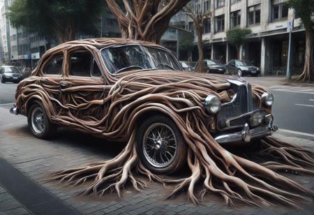 morph-treeroots , car,polished chrome details,classic style design,in city,photography<lora:tree roots_0_100_V1-000008:1>