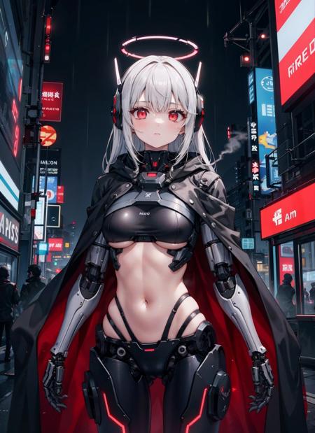 1girl,solo,large breasts, 
cyberpunk,outdoors,ruins,cityscape, red eyes, very long hair, 
<lora:T88[mecha musume, mechanical parts, robot joints,android,mechanical body,headgear]:0.6>,
mecha musume, mechanical parts, robot joints,android,mechanical body,
standing, cowboy shot, expressionless, mechanical halo, rain, headgear, steaming body,neon trim, neon lights,navel,cloak, glowing eyes, highleg, groin,cameltoe, underboob,