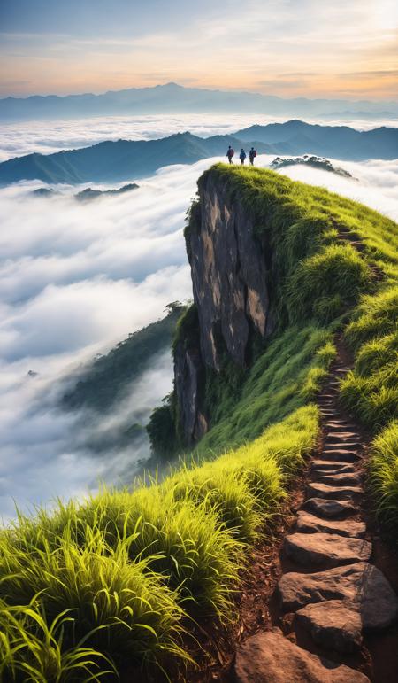 People or traveler walk on the Mountain hill with grass field with sea of fog or white clouds at "Doi MonJong" Chiangmai, Thailand, Asia., misty, mysterious, rocks, reflections, dark, noir, early morning, cinematic look, film, breathtaking photograph, award-winning, professional, dlsr, dramatic light, highly detailed . 35mm photograph, 4k, vivid colors, daylight, warm atmosphere, focus stacking, shot on hasselblad, <lora:add-detail-xl:1>, <lora:SDXLHighDetail:0.5>