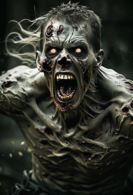 abstract portrait,, high contrast, stylized, , Solo focus, high contrast, masterpiece, intricate details, award winning portrait of a zombie banshee screaming, horror, zombies army in backgound, hkstyle