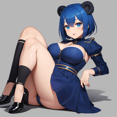 Solo, bright blue hair, bear eyes, blue eyes, medium hair, large breasts, dark blue priests garb, dark blue flat shoes, plump,