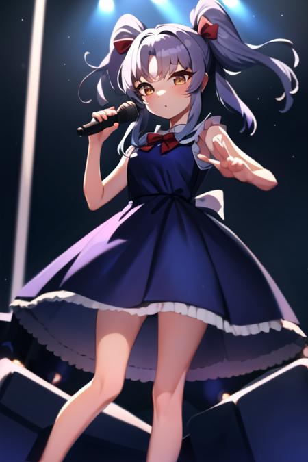 1girl, solo, masterpiece, best quality, absurdres, cute, (extremely detailed beautiful hand and leg and feet), perfect lighting, <lora:hoshino_ruri-000030:0.8>, hoshino ruri, twintails, hair bow, blue dress, standing, blush, holding, microphone, from above