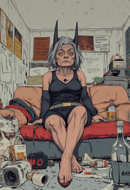 Surreal anime illustration of old BatGirl in her late 70s. Hair is untidy, badly dyed and unwashed. She is fat, overweight, sagging breasts, fleshy fat stomach. outfit is too tight, too short. heels. wrinkled face. smeared heavy makeup. Sat sad and drunk on a sofa in a rundown dirty motel with her legs apart. film camera, packets of cigarettes, and whisky bottles lie around the room.
