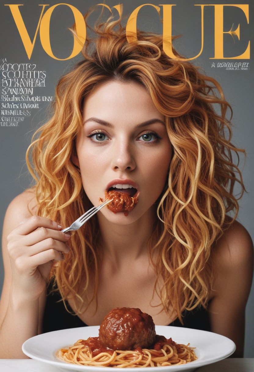 supermodel spaghetti hair, eating a meatball, cover of vogue