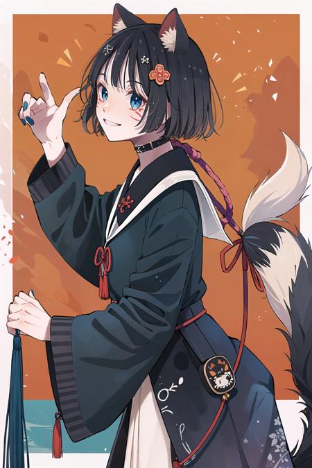 KoiKoi, 1girl, animal ears, solo, tail, flower, black hair, blue eyes, looking at viewer, shimenawa, smile, hair ornament, bangs, paw pose, rope, blue nails, facial mark, year of the dog, tassel, chinese zodiac, cowboy shot, from side, kouhaku nawa, dog ears, nail polish
<lora:KoiKoi:1>