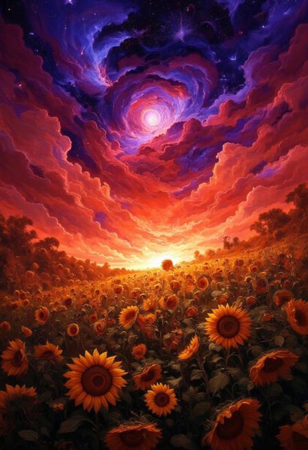A field full of sunflowers during a sunset with the sky lit up in red and purples. Stars and a nebula shining through,the setting sun reflecting on the clouds, DB4RZ, DB4RZ style painting