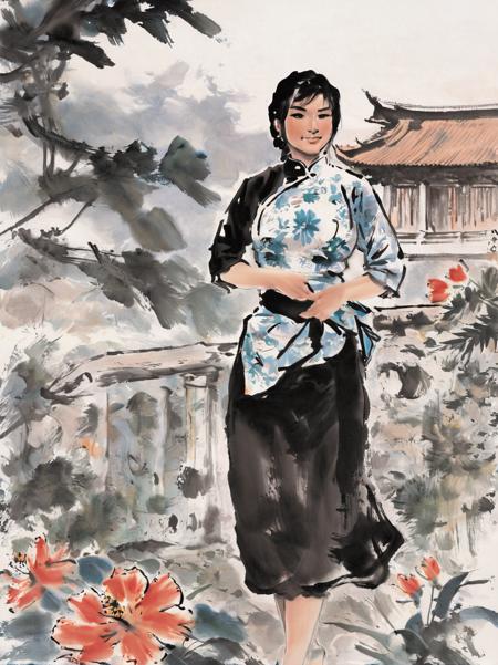 masterpiece,best quality,illustration,1girl,upper body,black hair,solo,beautiful detailed eyes,qipao,cheongsam smile,long hair,flying petals,floating hair,garden,grassland,flowers,arms behind back,
traditional ink painting,<lora:traditional_ink_painting:1>,