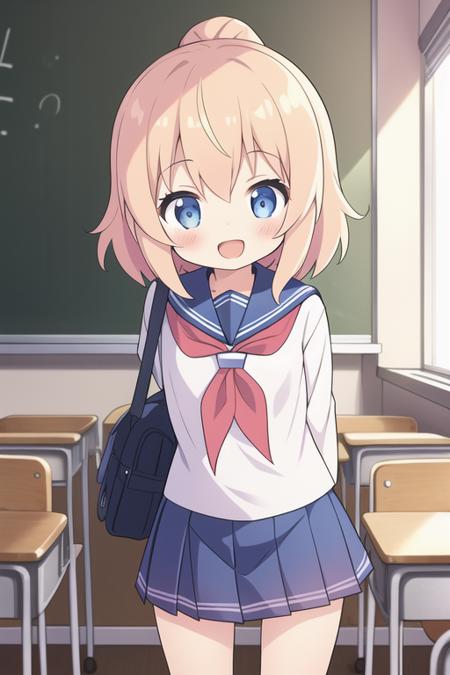 (petite:1.2),1girl,serafuku,happy,school bag,classroom,