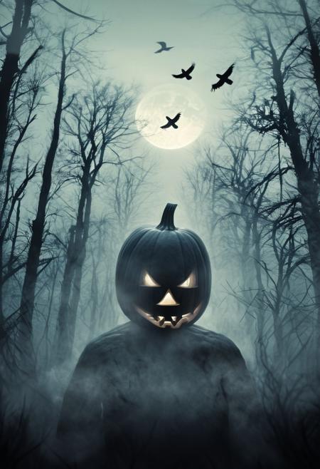 silhouette of jack o lantern, Halloween head, within which there appears to be a horror with old buildings in the forest. (crows flying around, into the distance), giving a sense of creepy and horror sense. The visual style blends the human form with horror forest landscape. The monochrome tones. Double exposure style with white background.