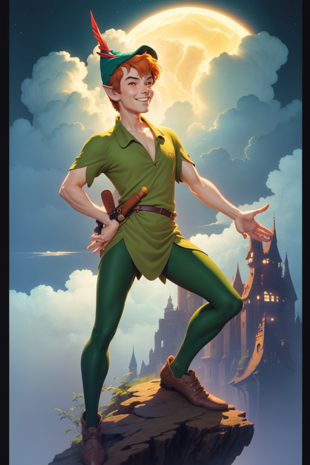 ((best quality)), ((masterpiece)), (detailed), 1boy, peter pan, full body, short hair, orange hair, green pants, green collared shirt, short sleeves, belt, brown footwear, hat feather, male focus, pointy ears, smile, solo, perched on a cloud, (fantasy illustration:1.3), enchanting gaze, captivating pose, otherworldly charm, mystical sky, (Luis Royo:1.2), (Yoshitaka Amano:1.1), moonlit night, soft colors, (detailed cloudscape:1.3), (high-resolution:1.2) <lora:PeterPan:1>