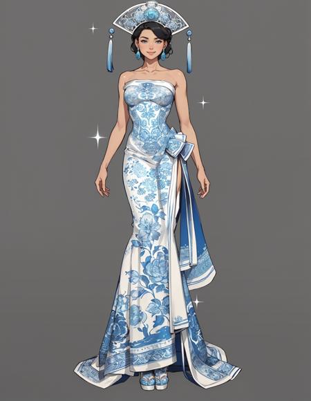 HUD_ch1na, asymmetrical blue and white chinoiserie porcelain colored strapless dress, brocade, pleated ruffle skirt, bare shoulders, jewelry,  earrings, ring, large intricate metal carved  jeweled headdress with one tassel on each side