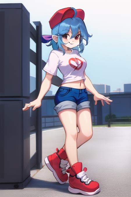 <lora:GSBF:1> GSBF, blue hair, 1girl, solo, shirt, smile, shorts, shoes, black eyes, hsort hair, pointy ears, full body , red hearwear, blue shorts, cap , hat , t-shirt , baseball cap, white shirt, midriff, looking at viewer, medium breasts