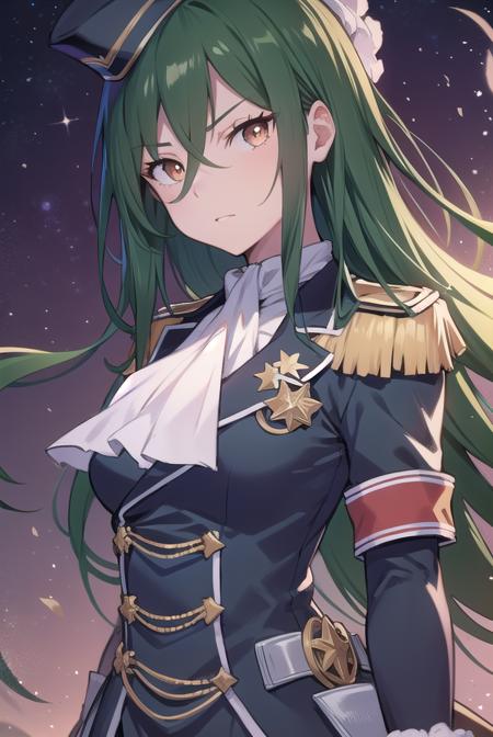 cruschkarsten, <lyco:cruschkarsten-lyco-nochekaiser:1>,
crusch karsten, long hair, hair between eyes, green hair, (brown eyes:1.4),
BREAK gloves, long sleeves, hat, jacket, boots, frills, white gloves, black footwear, uniform, military, ascot, military uniform, armband, epaulettes, white ascot,
BREAK looking at viewer, full body,
BREAK outdoors,
BREAK <lyco:GoodHands-beta2:1>, (masterpiece:1.2), best quality, high resolution, unity 8k wallpaper, (illustration:0.8), (beautiful detailed eyes:1.6), extremely detailed face, perfect lighting, extremely detailed CG, (perfect hands, perfect anatomy),