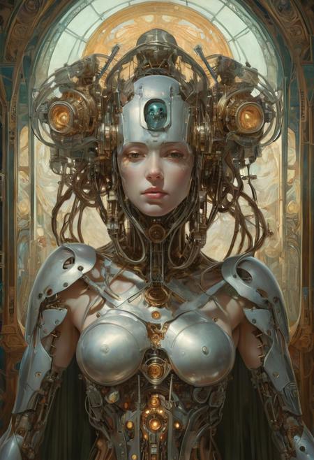 Cyborg android, fantasy, pre-raphaelite style, sinozick, Alphonse Mucha, Agostino Arrivabene, Peter Mohrbacher
