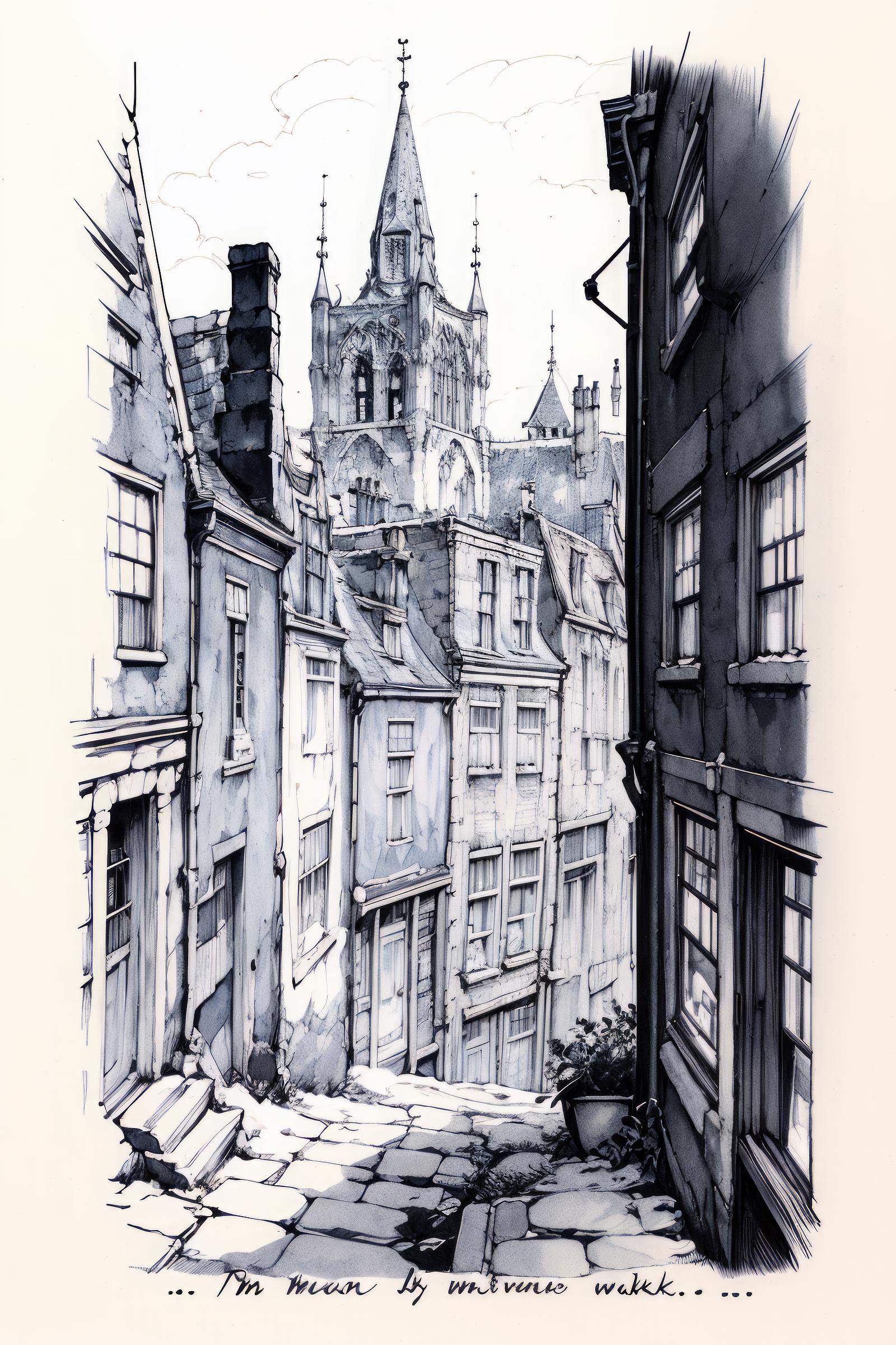 A black and white drawing of a narrow alley between old buildings.