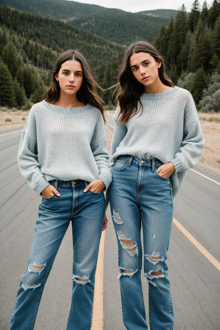 RAW photo of girls 29yo twins, Oversized knit top and distressed jeans for a road trip adventure, Porta 160 color, shot on ARRI ALEXA 65, sharp focus on subject, Fujifilm XT-3, <lora:picxer_real:0.8> <lora:shirtliftv3:1>