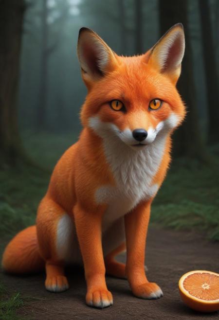 a surreal fox with textured blood orange peel fur, glowing eyes like citrus pulp, tail shaped like orange segments, fantasy creature design, highly detailed, magical forest setting, cinematic lighting, vibrant colors, mystical animal portrait, taste blood orange style, orange peel texture, fruit-fur hybrid, glowing citrus eyes, pulp glow, fantasy mutation, citrus creature