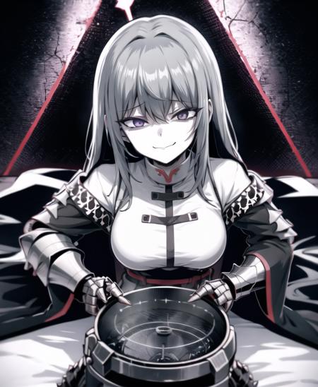 ebiblue, absurdes, best quality, 4k wallpaper, digital illustration, poster art, 1girl, (looking at viewer:1.4), (armored cassock:1.3), on stomach, lying, greyscale foreground, grey background AND lighting