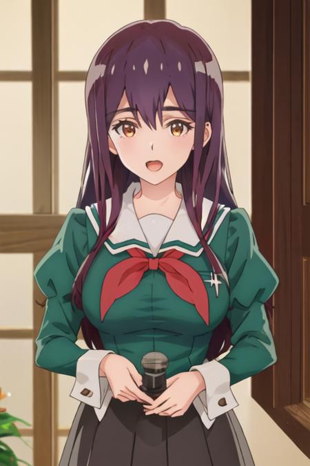 best quality, masterpiece, highres, solo, {yano_mitsuki_watashinoyuriwaoshigotodesu:1.15}, long_hair, purple_hair, brown_eyes, hair_between_eyes, 1girl, bangs, green_shirt, long_sleeves, neckerchief, open_mouth, red_neckerchief, sailor_collar, school_uniform, serafuku, shirt, upper_body, white_sailor_collar, juliet_sleeves, puffy_sleeves, yellow_eyes, looking_at_viewer