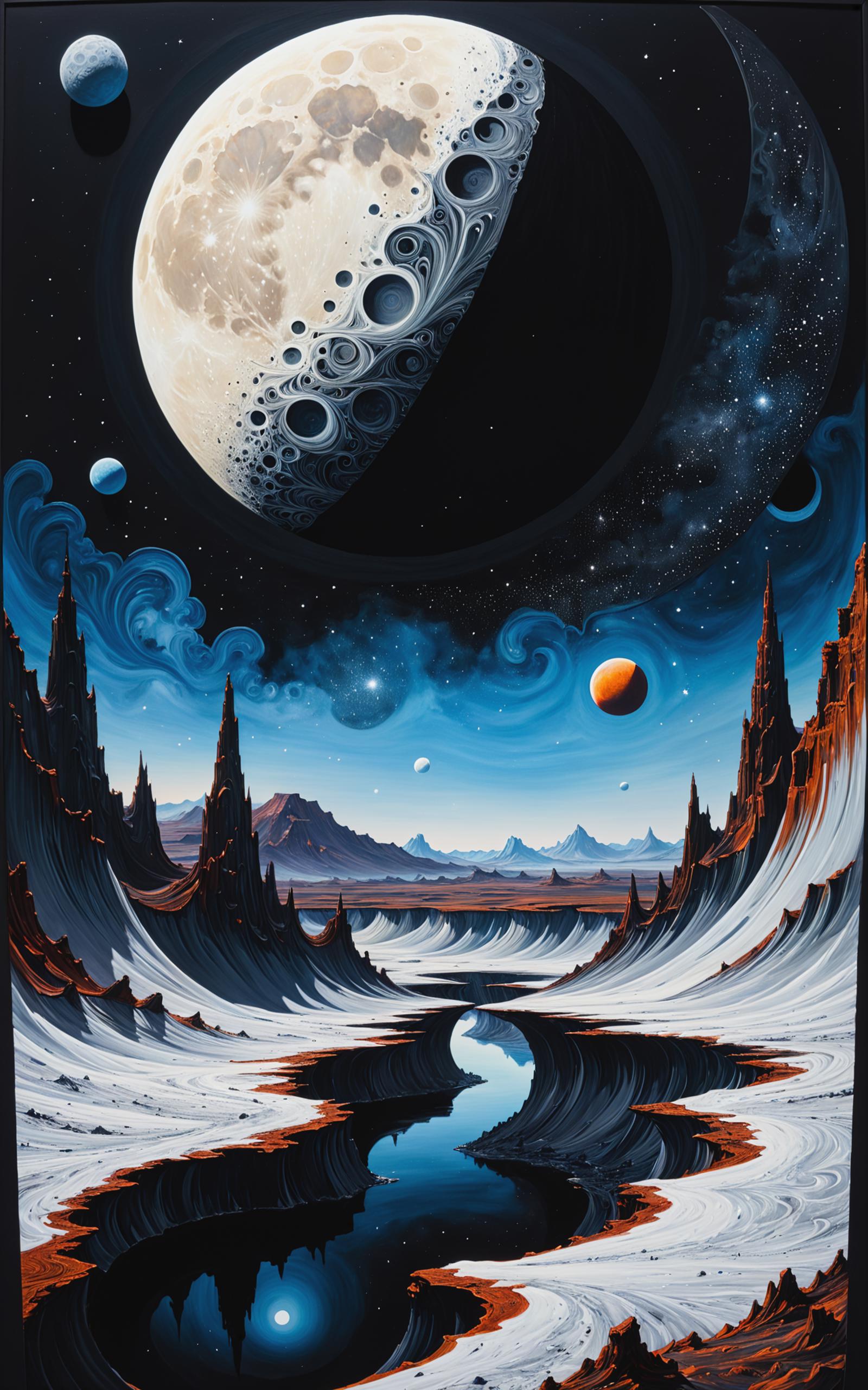 Artistic Space Scene with Planets, Mountains, and a Moonlit Sky