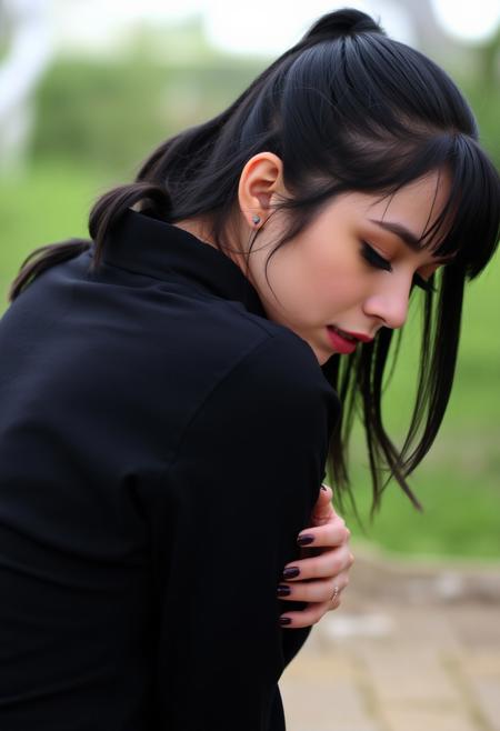 black hair, small breasts, bent over, outdoors, shirt, closed eyes, nail polish, ponytail
all fours, blurry,makeup,piercing,teeth,looking back,mole on ass, back,open mouth,