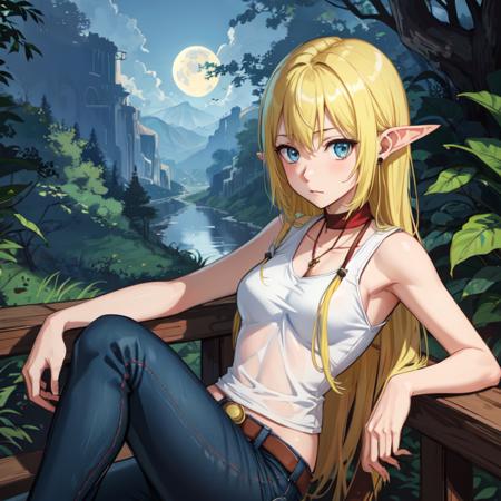 (masterpiece),(best_quality),looking_at_viewer,ears_down,detailed,(tuka_luna:1.4),1girl,solo,blonde_hair,very_long_hair,long_mouth,closed_mouth,embarrassed,blue_eyes,white_shirt,tank_top,bow,denim,jeans,pointy_ears,absurdres,forest background,  <lora:Tuka_Luna_Marceau-06:0.65>