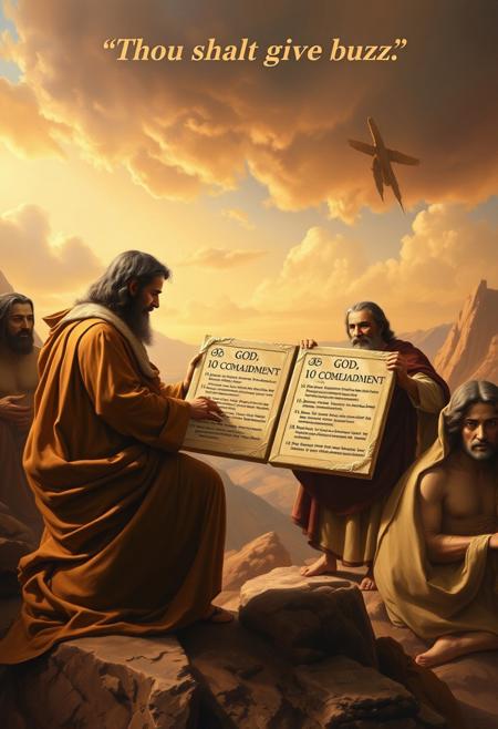 Masterpiece epic religious painting of Moses receiving two tablets of stone with the 10 commandments from God on Mount Sinai, (title text above: “Thou shalt give buzz”:1.3), best quality, intricate details, ultra details, good lighting, vibrant colors, very detailed,
