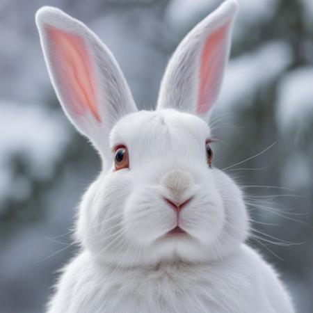close-up White rabbit with one ear outstretched and one ear down, snowy tree background