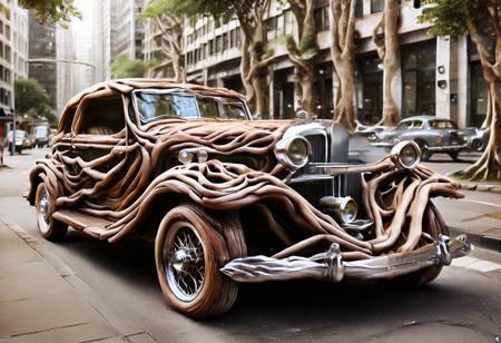 morph-treeroots , vintage car,polished chrome details,classic style design,in city,photography<lora:tree roots_0_100_V1-000008:1>