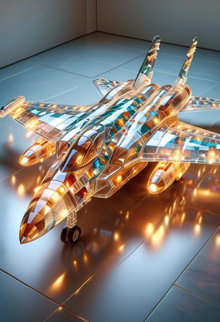 A vibrant, stylized Fighter Jet (detailed parts:1.2),  glowing with fluorescent colors, set in furnished Room background.  The Fighter Jet's parts appear fluorite crystal, with smooth, flowing, and reflective surfaces, (detailed textures:1.2).  The Pillowcase, Fighter Jet sheet are highly detailed, showcasing a unique interplay of light and color, creating a captivating visual effect. BREAK.  The Fighter Jet's headboard and footboard are a golden, metallic bronze hue (detailed metal board: 1.2), golden eard. BREAK. Strong lighting highlights the Fighter Jet's texture, Photorealistic style, digital art, hyperrealistic style, vibrant colors,  glowing effect, and dark background. Crystal Fighter Jet of fluorite, with a golden Pillowcase, Fighter Jet sheet. Ethereal.