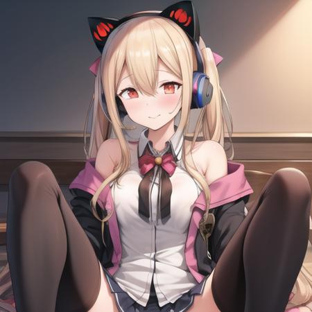 (masterpiece, best quality:1.2),illustration,8k,hd,1girl,solo,upper body,(portrait:1.2),concord (azur lane),long hair,blush,fringe,breasts,blonde hair,hair between eyes,red eyes,sitting,animal ears,pleated skirt,cat ears,off shoulder,arm support,mole,open jacket,no shoes,mole under eye,symbol-shaped pupils,thighhighs,skirt,black thighhighs,jacket,headphones,bell,jingle bell,headset,cat ear headphones,<lora:Concord(azur)>,