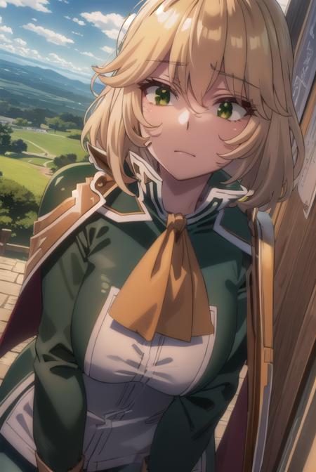 healerblade, <lora:healer blade s1-lora-nochekaiser:1>,
blade, blonde hair, (green eyes:1.5), short hair, hair between eyes,
BREAK long sleeves, pants, cape, uniform, military, ascot, white pants,
BREAK outdoors, forest, nature, trees, grass, sun, sky, clouds,
BREAK looking at viewer, (cowboy shot:1.5),
BREAK <lyco:GoodHands-beta2:1>, (masterpiece:1.2), best quality, high resolution, unity 8k wallpaper, (illustration:0.8), (beautiful detailed eyes:1.6), extremely detailed face, perfect lighting, extremely detailed CG, (perfect hands, perfect anatomy),