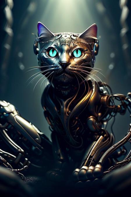 cinematic film still silverpulse, cyborg cat, simple background, high quality, artistic, vibrant colors, detailed textures. futuristic sleek/glossy silver and blue glow, vibrant colors, detailed textures., Concept art, cyborg, background, vintage, modern, SilverPulse, <lora:SilverPulseMorphXL:0.8>, excellent composition, artistic, highly detail, holy, sunny, dynamic dramatic beautiful full taking . shallow depth of field, vignette, highly detailed, high budget, bokeh, cinemascope, moody, epic, gorgeous, film grain, grainy