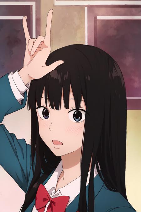 ((best quality)),((highly detailed)),masterpiece,absurdres,detailed face,beautiful face,((detailed eyes, deep eyes)),(1girl),((dynamic pose)), <lora:SawakoV1:0.8>sawako, 1girl, solo, black hair, long hair, school uniform, jacket, bow, black eyes, blazer, bangs, sparkle, blush, upper body, open mouth, blunt bangs, shirt, red bow, looking down, hime cut, bowtie, looking at viewer, white shirt, blue jacket, collared shirt